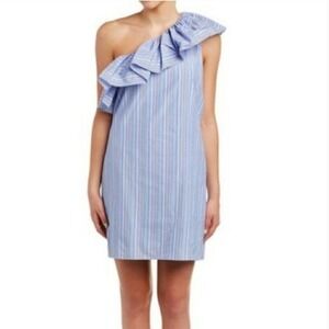 Parker Blue Striped One Shoulder Ruffle Mini Dress P7H3704CCD Size M